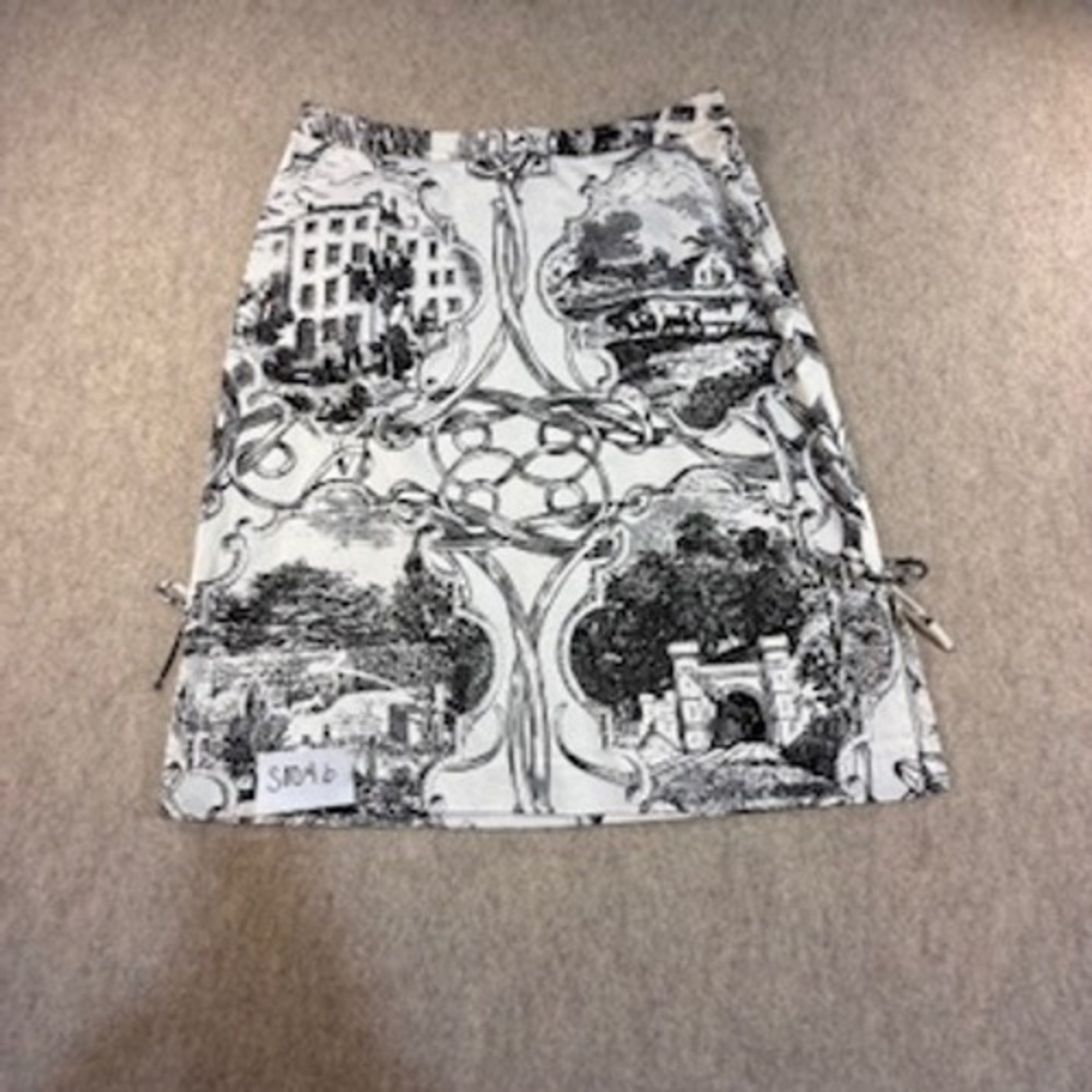 Sandra King Womens Toile Print A-Line Skirt Black White Scenic Side Tie Size 6